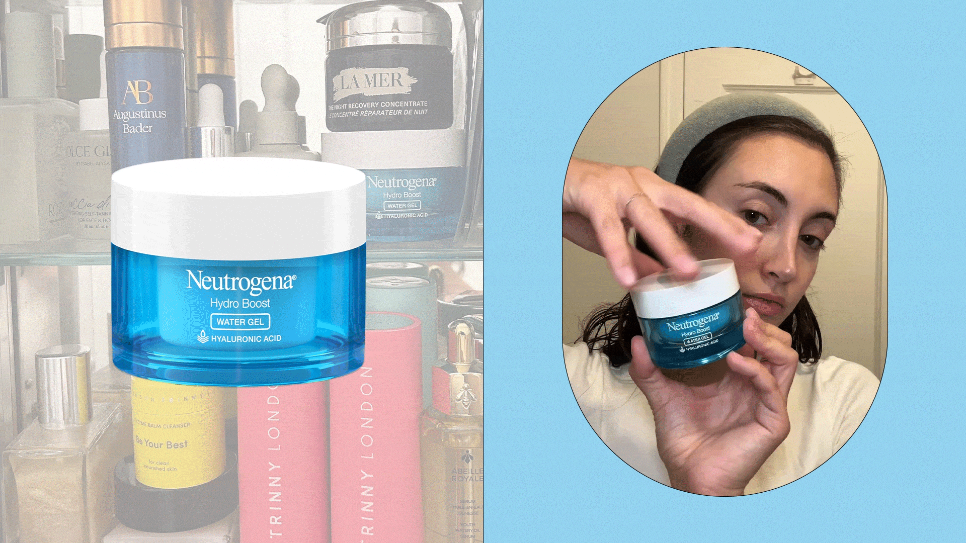 A split image of Alyssa Brascia's medicine cabinet lined with expensive skincare products and Alyssa Brascia applying the Neutrogena Hydro Boost Water Gel.