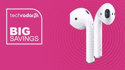 Apple AirPods 2 on a pink background next to a big savings logo.