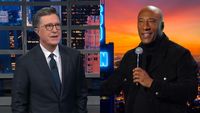 A screenshot of Stephen Colbert and a press image of Byron Allen, both in nice, dark suits for their late night shows. 