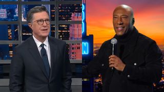 A screenshot of Stephen Colbert and a press image of Byron Allen, both in nice, dark suits for their late night shows.