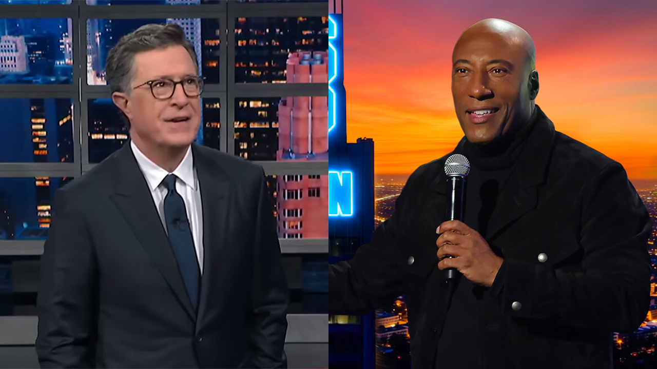 A screenshot of Stephen Colbert and a press image of Byron Allen, both in nice, dark suits for their late night shows. 