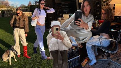Collage of Gen Z wearing grey sweatpants with different wrong shoes.
