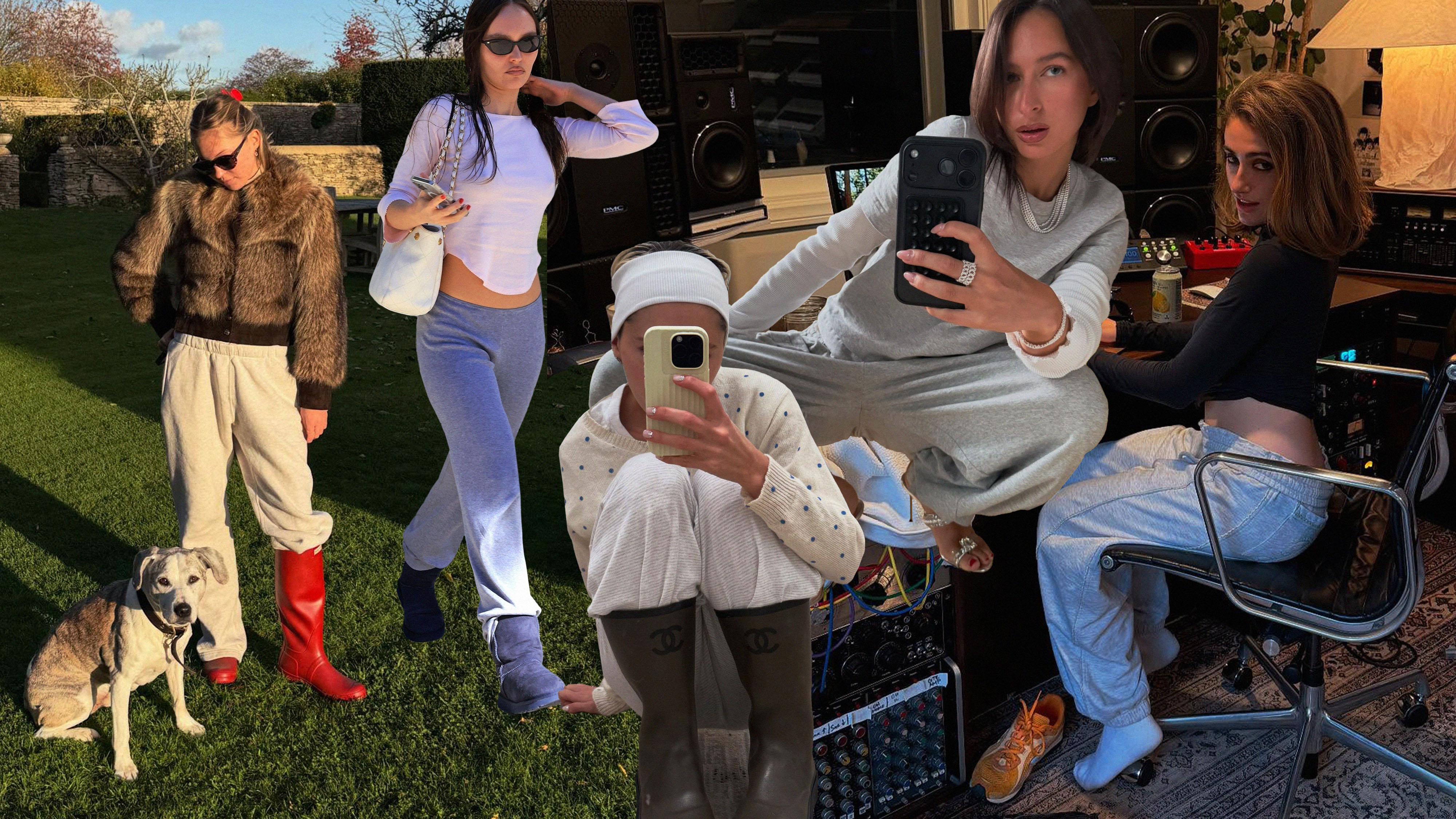 Collage of Gen Z wearing grey sweatpants with different wrong shoes.