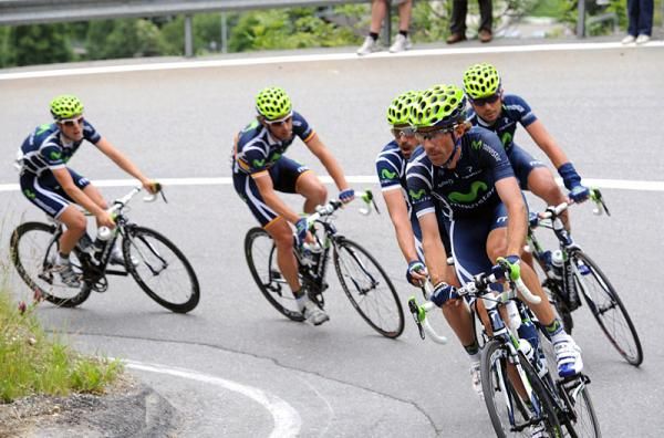 Movistar, the team of race leader Mauricio Soler, sets tempo in the peloton.