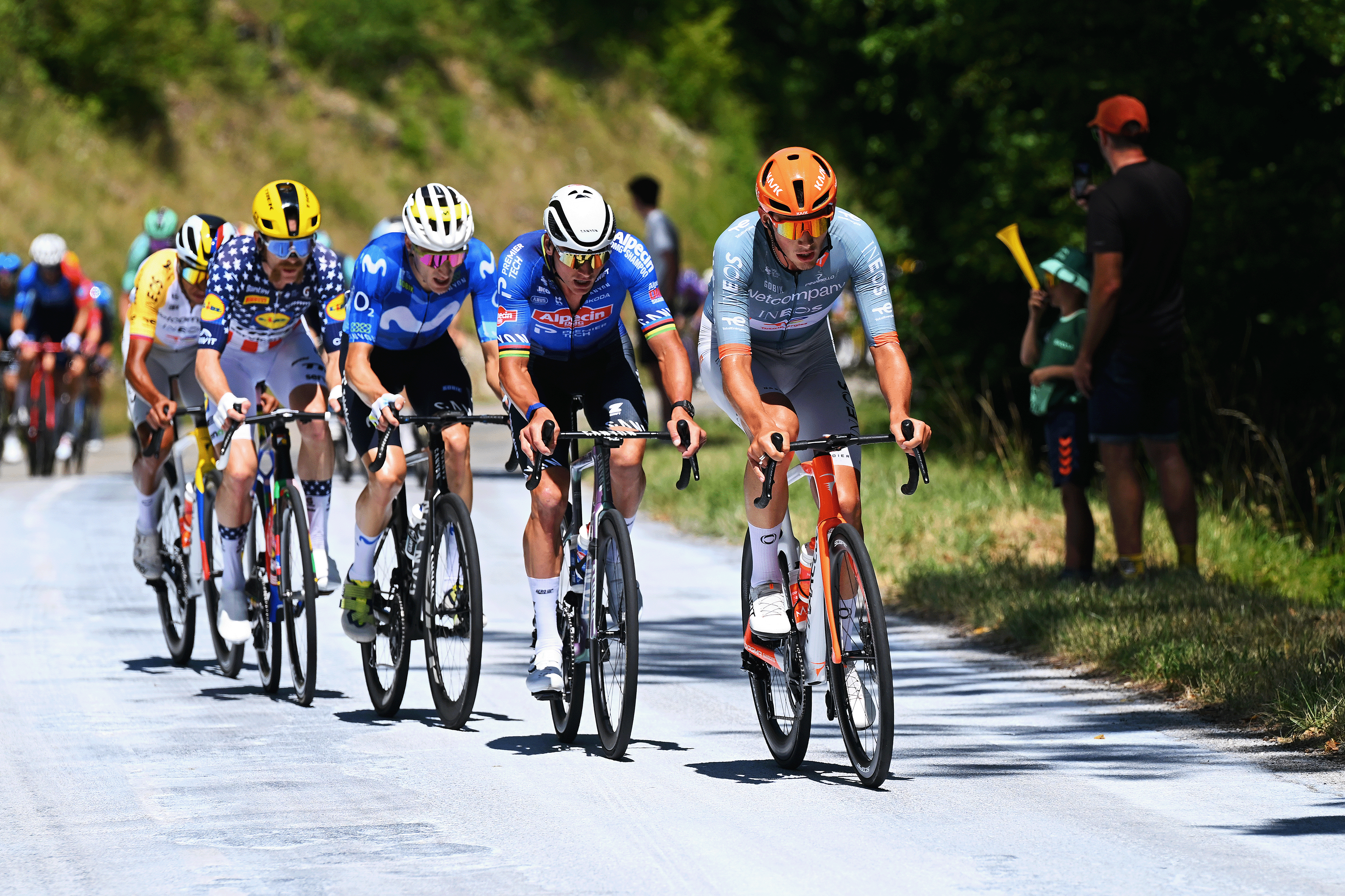 VOIRON, FRANCE - JULY 22: (L-R) Quinn Simmons of United States and Team Lidl - Trek, Pablo Castrillo of Spain and Team Movistar, Mathieu van der Poel of Netherlands and Team Alpecin-Premier Tech and Joshua Tarling of Great Britain and Netcompany INEOS Cycling Team attack during the 113th Tour de France 2026, Stage 17 a 174.7km stage from Chambery to Voiron / #UCIWT / on July 22, 2026 in Voiron, France. (Photo by Tim de Waele/Getty Images)