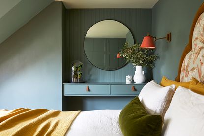Small blue bedroom with built in desk