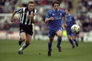 4 Mar 2000: Steve Howey of Newcastle United and Gianfranco Zola of Chelsea chase the ball during the FA Carling Premiership match at St James's Park in Newcastle, England. \ Mandatory Credit: Ben Radford /Allsport