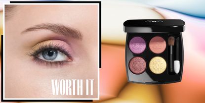 chanel les 4 ombres brightening collection eyeshadow on a model's eye with Worth It text overlayed 