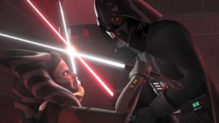 Ahsoka Tano fighting Darth Vader in Star Wars Rebels