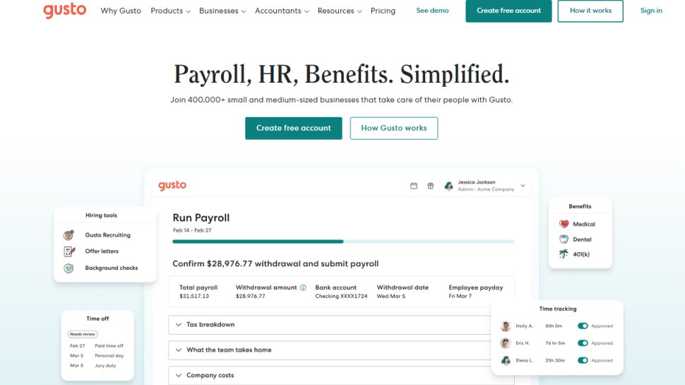 Website screenshot of Gusto (February, 2026)
