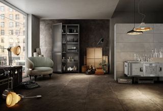 Grey living space with Hard Leather tiles