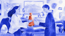 Bang & Olufsen Reloved promo image: a drawing of a woman and a man exchanging a B&O speaker