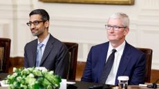 Google CEO Sundar Pichai and Apple CEO Tim Cook pictured during a roundtable with American and Indian business leaders in the East Room of the White House on June 23, 2023.