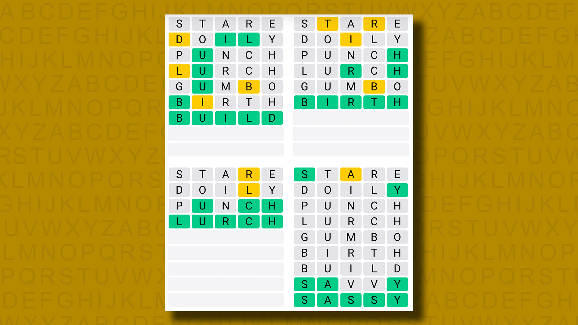 Quordle answers for game 997 on a yellow background