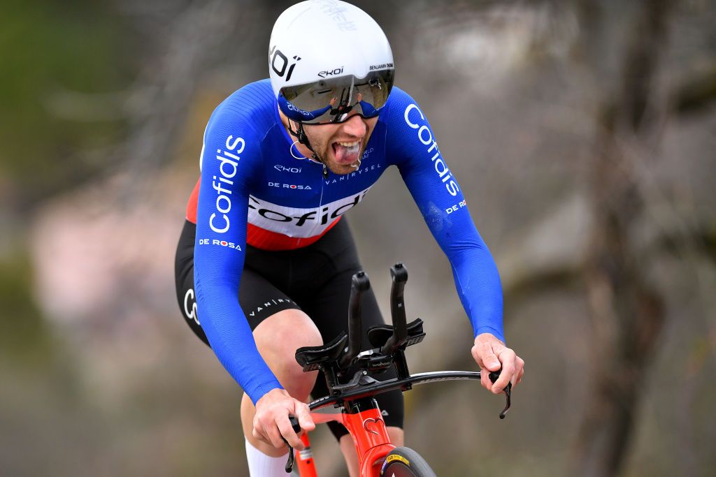 ALES FRANCE FEBRUARY 06 Benjamin Thomas of France and Team Cofidis sprints during the 52nd toile De Bessges Tour Du Gard 2022 Stage 5 a 11km individual time trial from Als to Als lErmitage ITT EDB2022 on February 06 2022 in Als France Photo by Luc ClaessenGetty Images