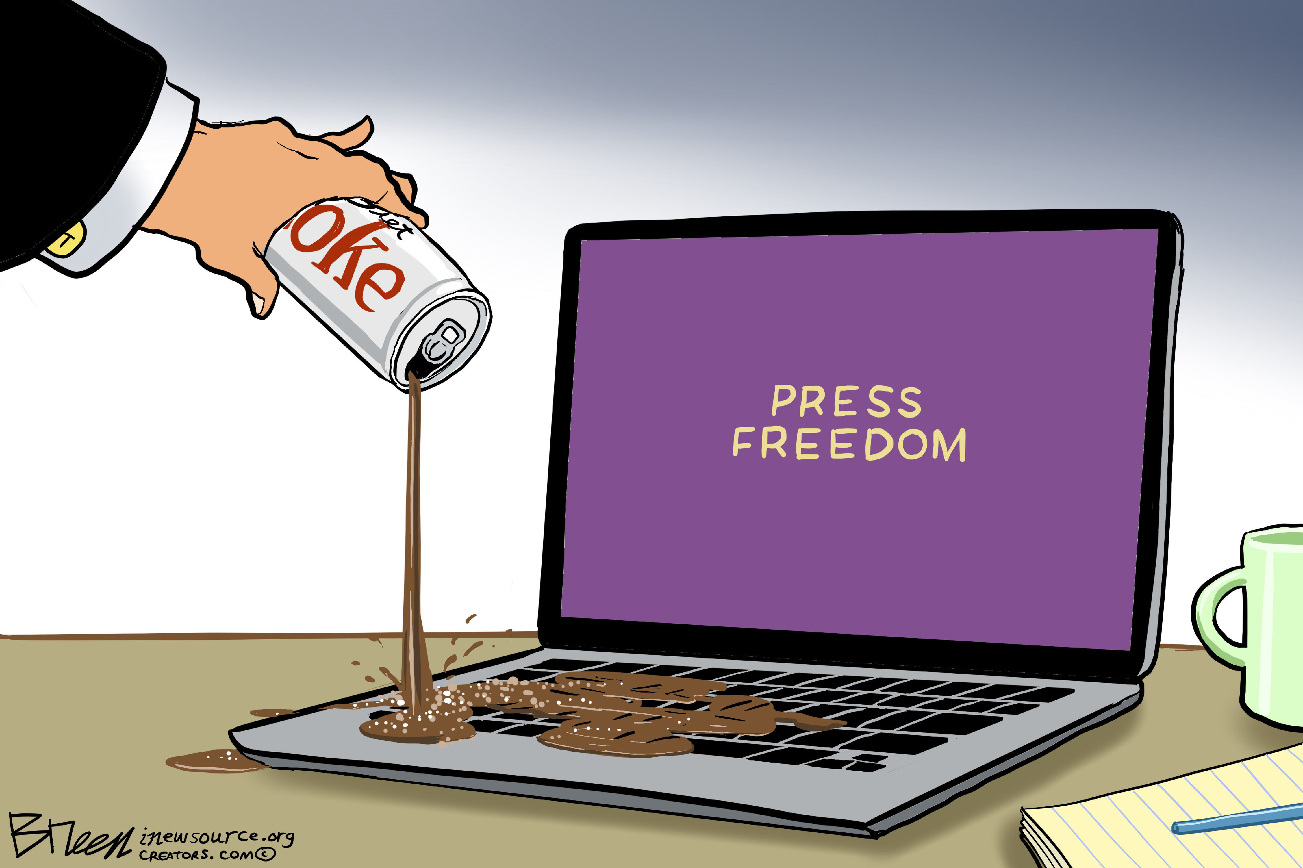 This cartoon depicts a hand (we can assume it's Donald Trump's hand because the person wears a suite with a golden cufflink labeled "T".) and a laptop computer. The hand pours a can of Diet Coke onto the computer, which has the words "PRESS FREEDOM" on the screen.