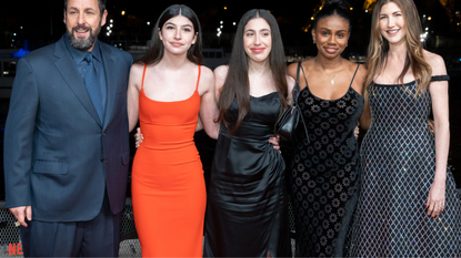 Adam Sandler, Sunny Sandler, Sadie Madison Sandler, guest and Jackie Sandler attend the "Murder Mystery 2" photocall at Pont Debilly on March 16, 2023 in Paris, France.