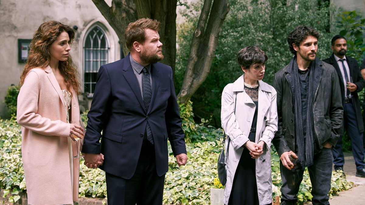 Amandine Buckingham (Melia Kreilling), Jame Buckingham (James Corden), Lue Wilson (Sally Hawkins) and Jeff Wilson (Colin Morgan) stand together in Mammals. (L-R)