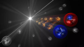 red and blue spheres race away from a bright white flash of light