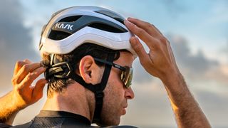 Rider wearing the new Kask Elemento helmet in white