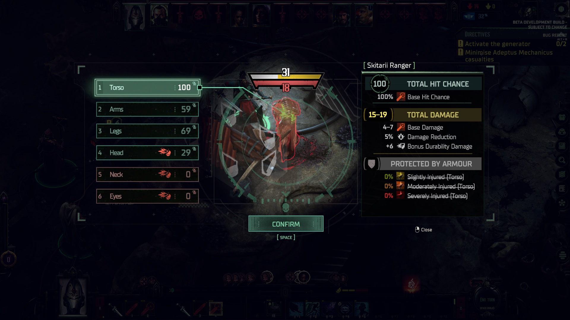 Video game interface showing combat stats against a "Skitari Ranger." Lists chances to hit various body parts, total damage, and armor status. Dark, tactical theme.