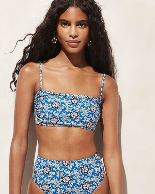 Ruched Bandeau Bikini Top in Cobalt Floral