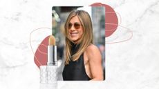Jennifer Aniston is pictured wearing a black dress and sunglasses whilst arriving at "The Late Show With Stephen Colbert" at the Ed Sullivan Theater on September 10, 2025 in New York City/ in a white and grey marbled template with pink dots, and alongside a product shot of the Elizabeth Arden Eight Hour Cream SPF15 lipstick.