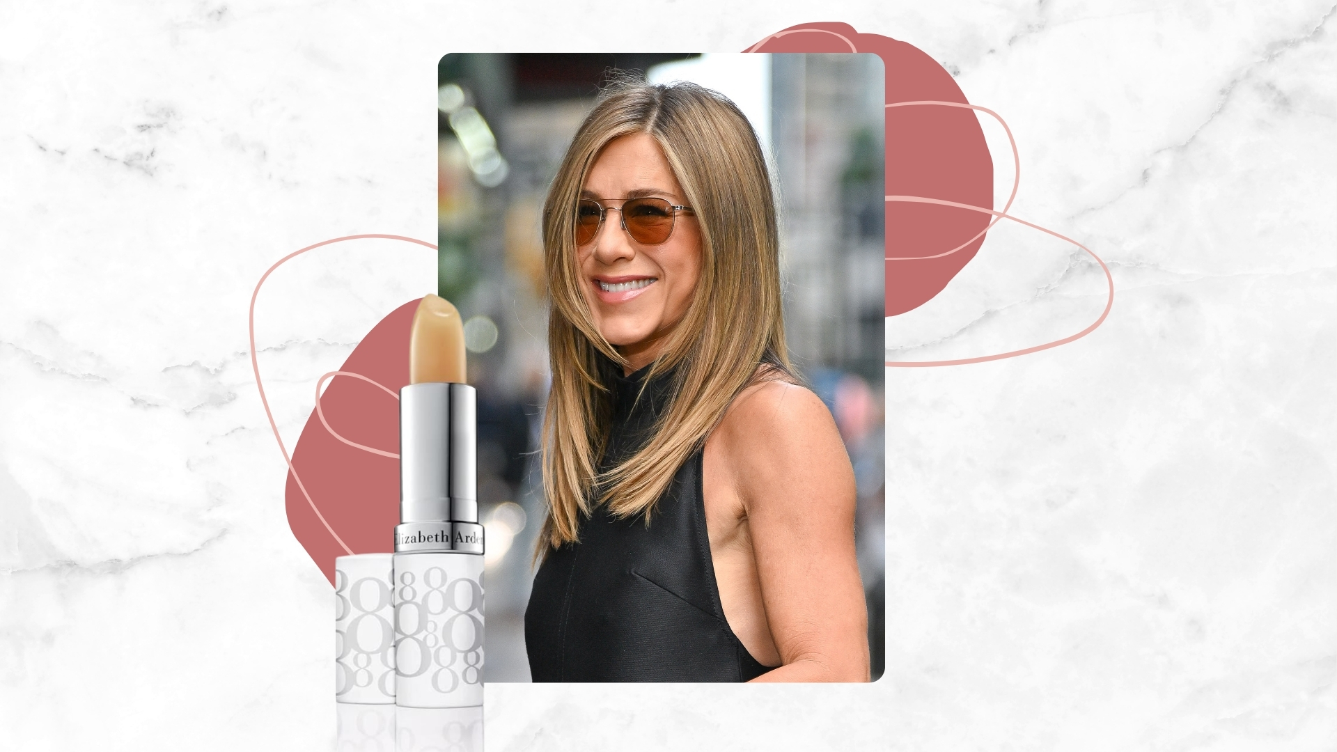 Jennifer Aniston is pictured wearing a black dress and sunglasses whilst arriving at "The Late Show With Stephen Colbert" at the Ed Sullivan Theater on September 10, 2025 in New York City/ in a white and grey marbled template with pink dots, and alongside a product shot of the Elizabeth Arden Eight Hour Cream SPF15 lipstick.
