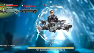 Screenshots from the satirical Pete Carsons' Vault of Cars browser game, showing a boss fight in which they're floating in the middle of the screen, with classic car enemies coming from the left. 