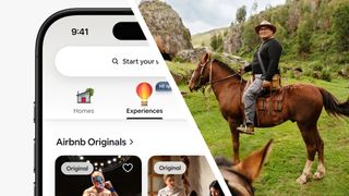 A phone showing the new Airbnb app, next to a photo of horseback riding through four hidden temples of the Inkas - Cusco, Peru - 2025 Summer Release
