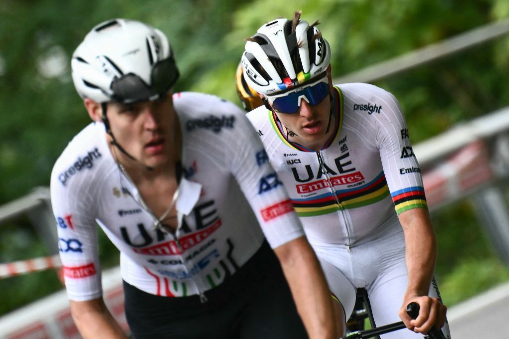 UAE Team Emirates team's Slovenian rider Tadej Pogacar cycles in the Colma Di Sormano ascent during the 118th edition of the Giro di Lombardia (Tour of Lombardy), a 252km cycling race from Bergamo to Como on October 12, 2024. (Photo by Marco BERTORELLO / AFP)