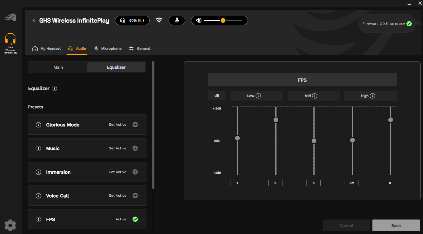 A screenshot of the Glorious Core software, showing the various settings available to finetune for the GHS Wireless InfinitePlay gaming headset specifically.
