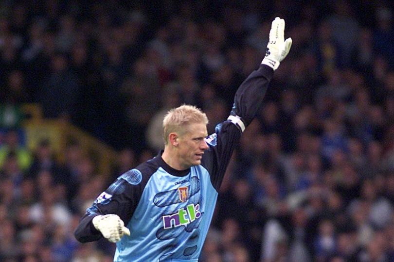 Peter Schmeichel celebrates after scoring for Aston Villa against Everton in the Premier League in October 2001