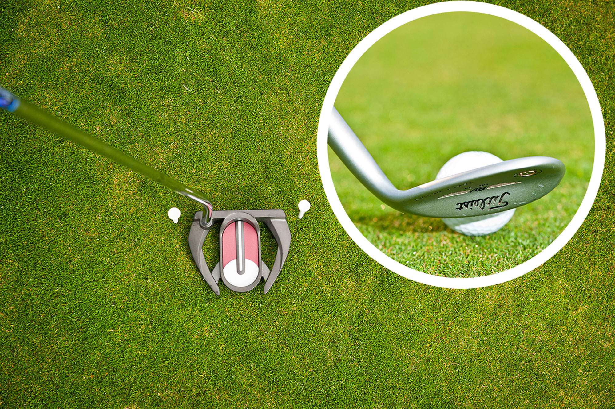A putter between a gate made by two golf tees, highlighting a square putter face at impact, with an inset image of a wedge half way up at the equator of the golf ball