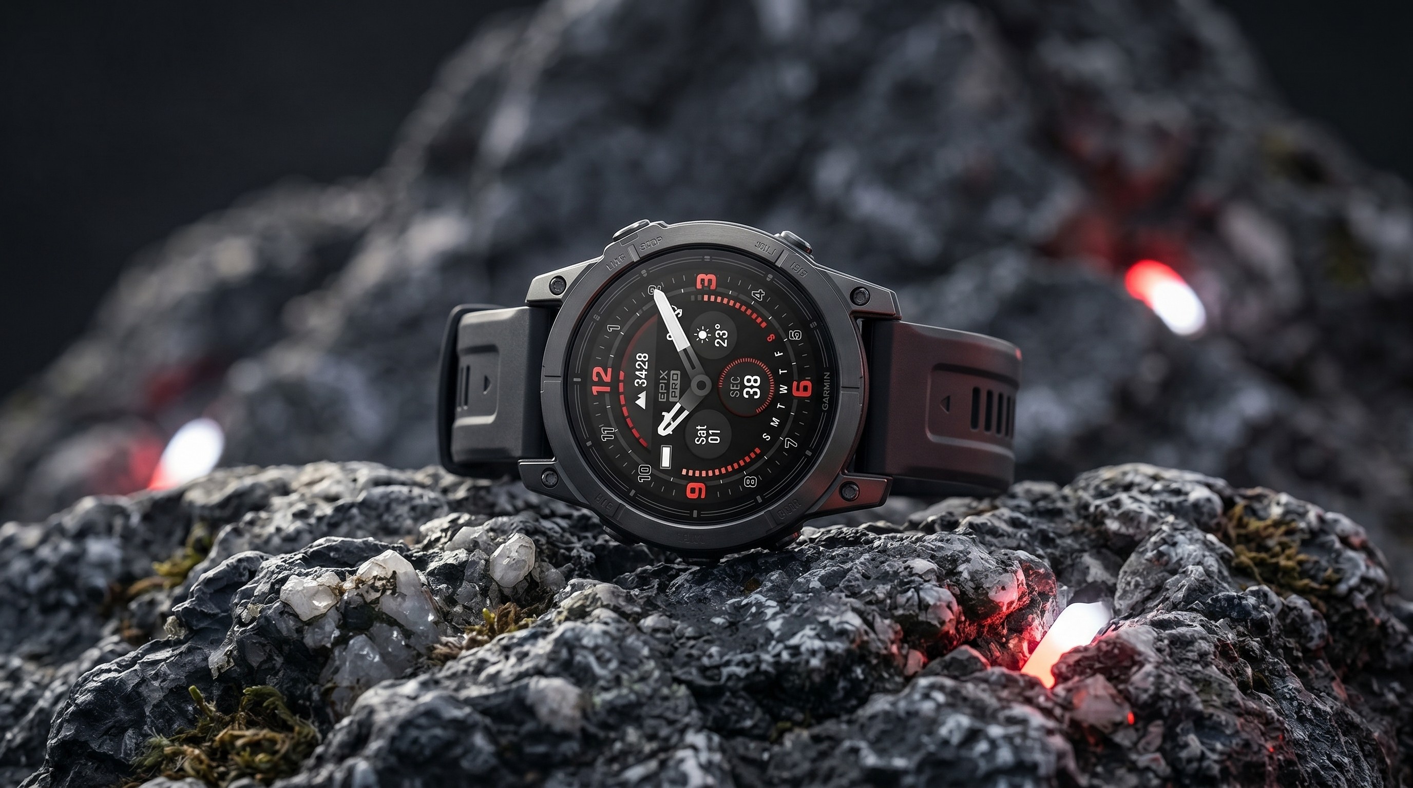 The Garmin Epix Pro Gen 2 resting atop a craggy rockface