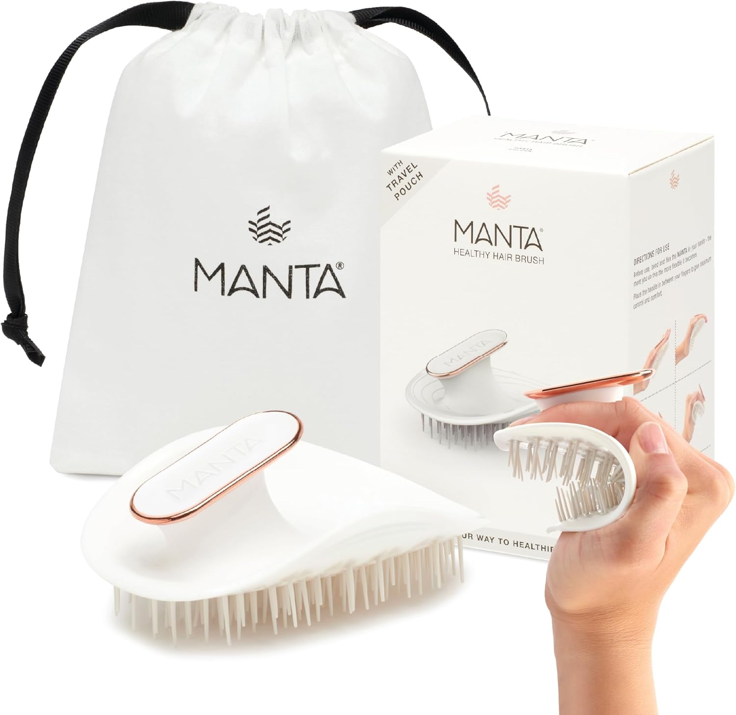 Manta Original Anti-Breakage Hairbrush &amp;ndash; Best Detangling &amp;amp; Flexible Brush for Healthy, Thinning &amp;amp; All Hair Types, Gentle Hair Care for Women &amp;amp; Men, White