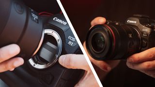 Hands holding the Canon EOS R1 and EOS R5 Mark II cameras
