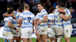 The players of Argentina celebrate victory in a previous game, ahead of Argentina vs Chile at the Rugby World Cup 2023.