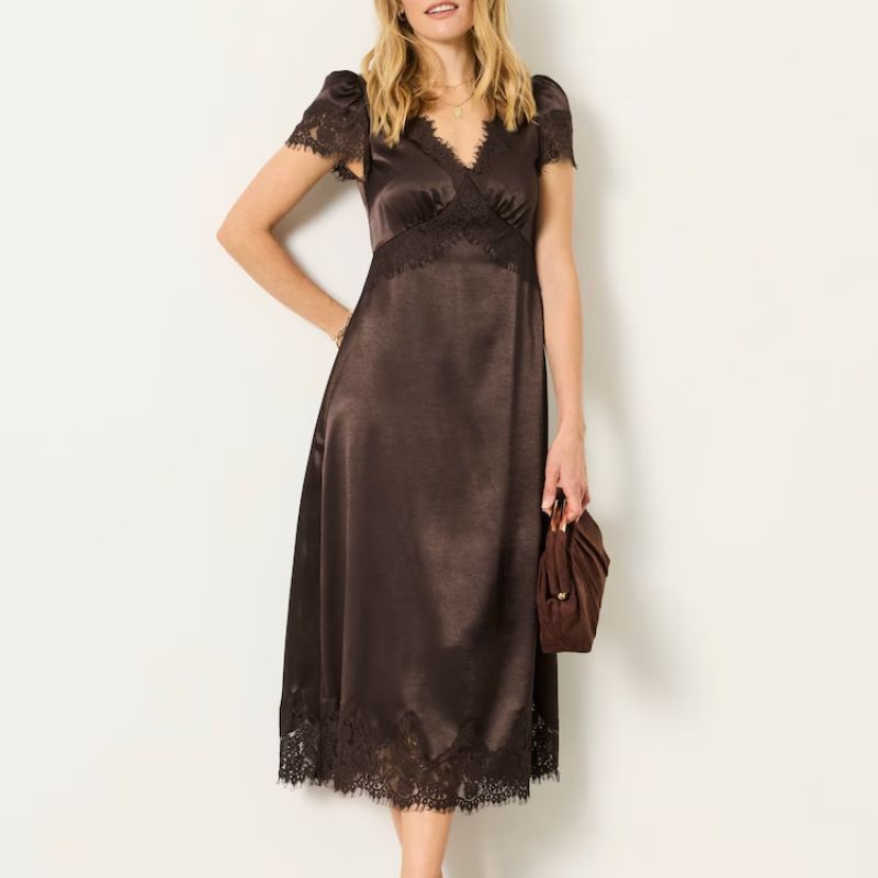 Fatface, brown satin midi dress