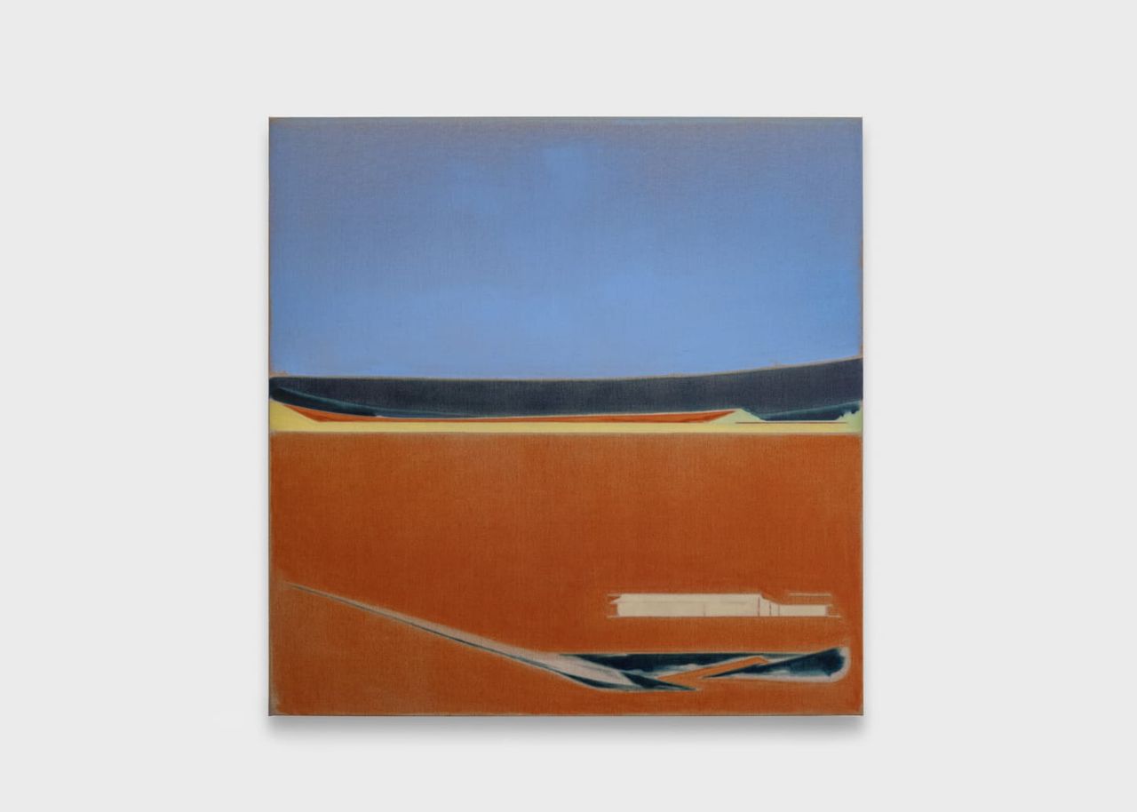 An abstract canvas resembling an empty beach features a color-blocked palette of blue, orange, and cream.