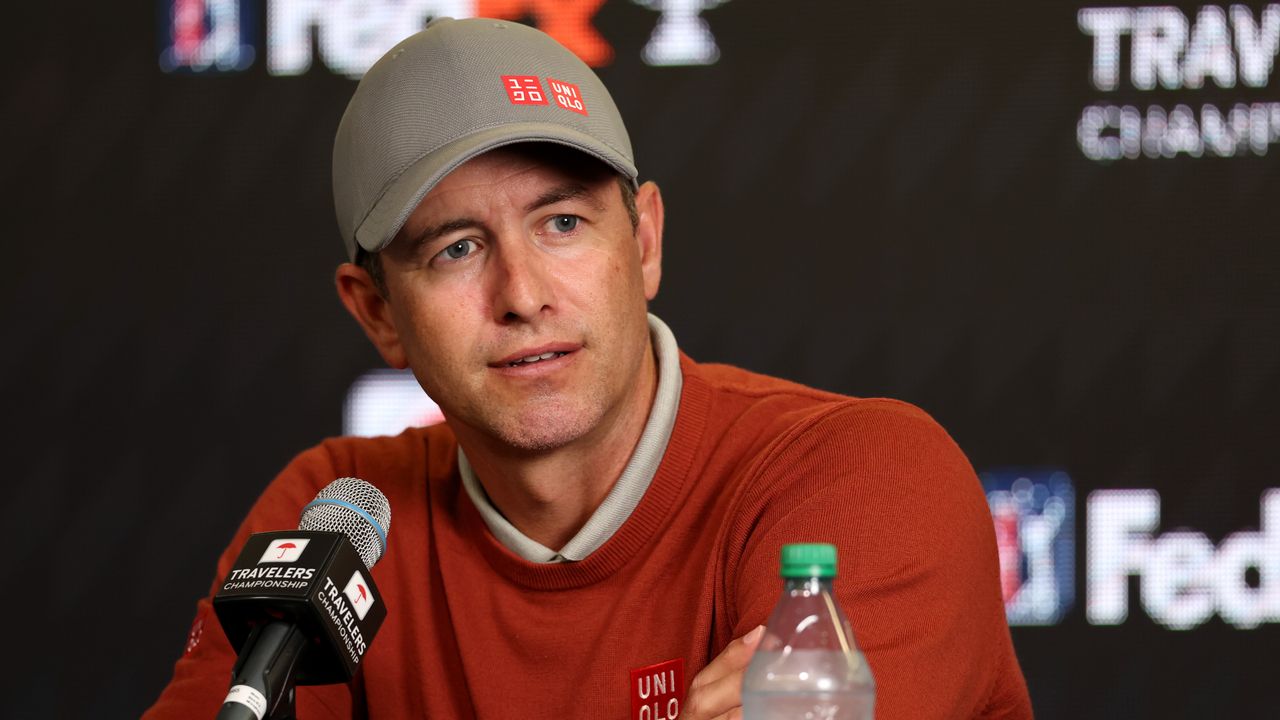 Adam Scott speaks to the media before the 2023 Travelers Championship at TPC River Highlands