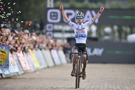 Belgian Eli Iserbyt celebrates as he crosses the finish line to win the men elite race of the Cyclocross Ruddervoorde the second stage of the Superprestige cyclocross cycling competition Saturday 23 October 2021 in Ruddervoorde Oostkamp BELGA PHOTO DAVID STOCKMAN Photo by DAVID STOCKMANBELGA MAGAFP via Getty Images