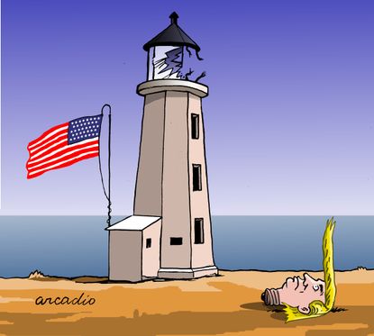 Political Cartoon U.S. Trump America COVID-19 light bulb light house broken
