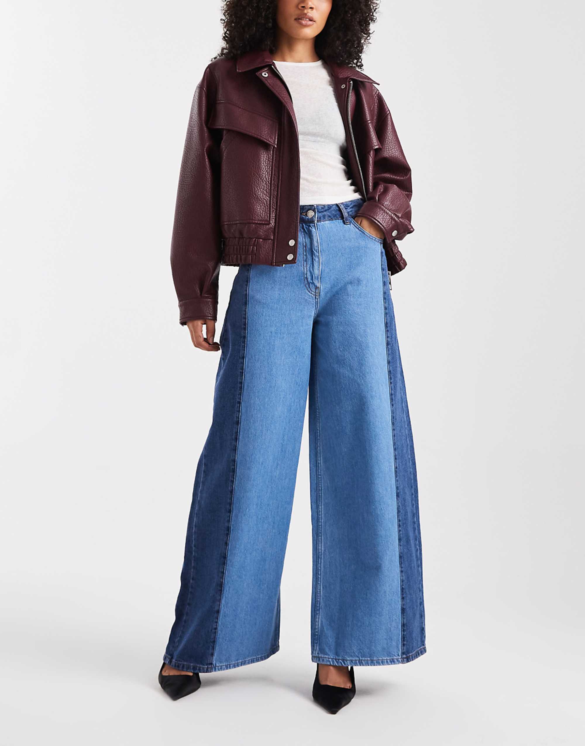 Asos Design Contrast Panel Wide Leg Jeans in Mid Blue