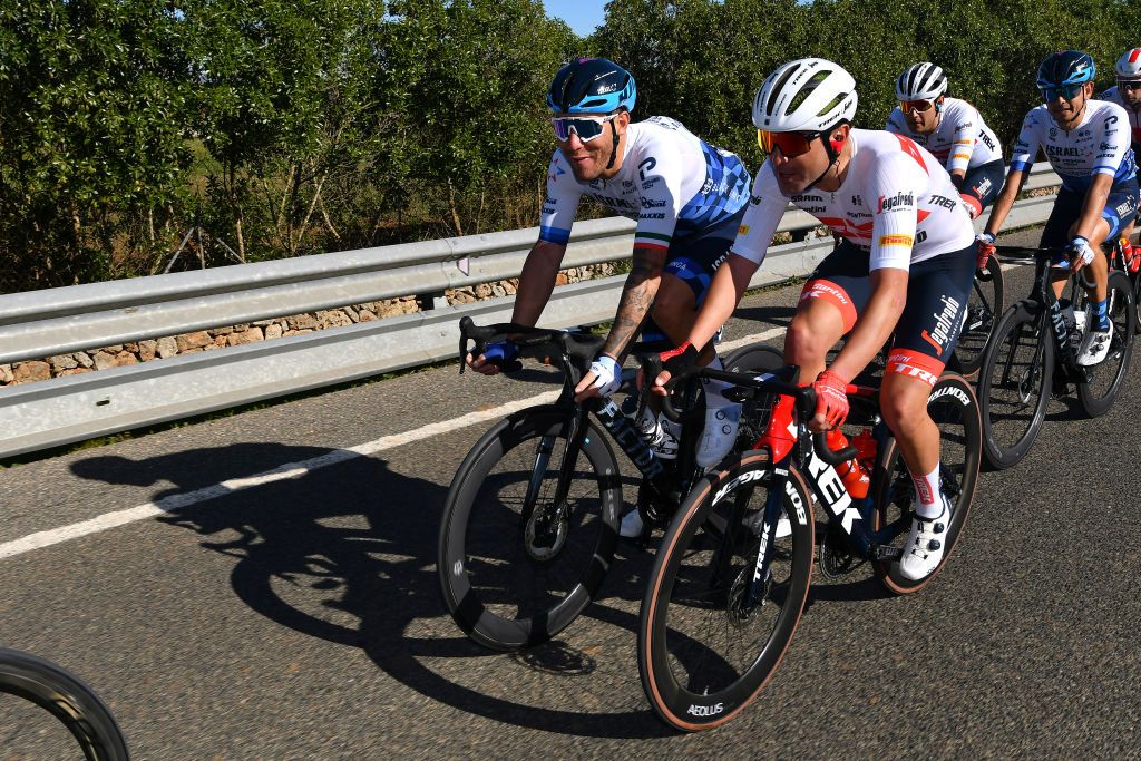 PALMA SPAIN JANUARY 30 LR Giacomo Nizzolo of Italy and Team Israel StartUp Nation and Jacopo Mosca of Italy and Team Trek Segafredo compete during the 1st Challenge Ciclista Mallorca 2022 Trofeo Playa De PalmaPalma a 1691km race from Playa de Palma to Palma ChallengeMallorca on January 30 2022 in Palma Spain Photo by Dario BelingheriGetty Images