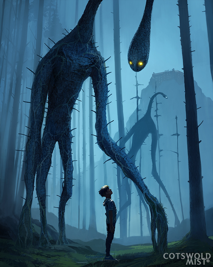 Cotswold Mist; a boy looks up a a large black monster in a misty wood