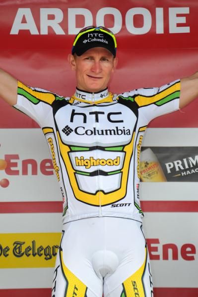 Andre Greipel (HTC-Columbia) on the stage winner's podium.
