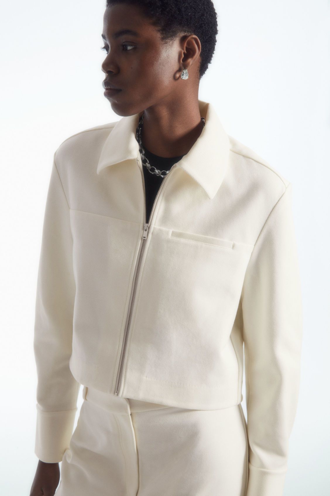 Cropped Twill Zip-Up Jacket
