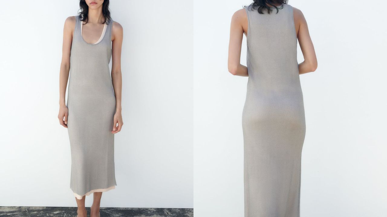 composite of model wearing zara silver tank dress