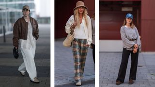 Street style influencers showing shoes to wear with wide leg trousers flat mules
